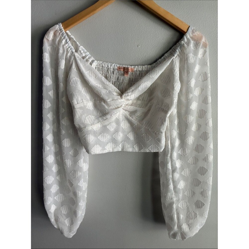 Evolutionary White Swiss Dot Twist Front Crop Top Balloon Sleeve Boho Size S